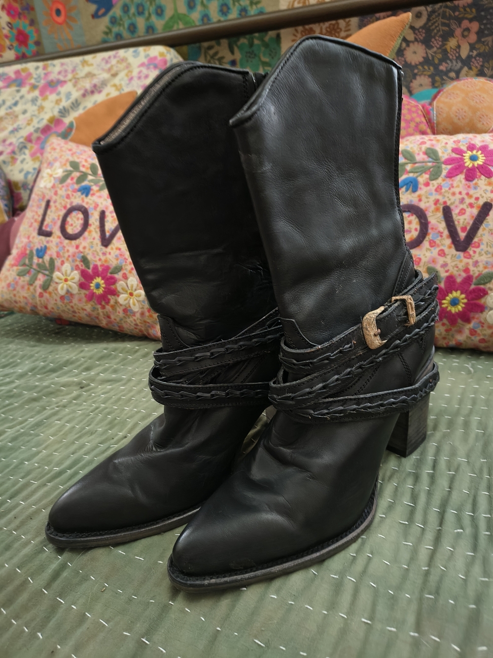 Freebird by Steven Black Leather Braided-Strap Western Boots